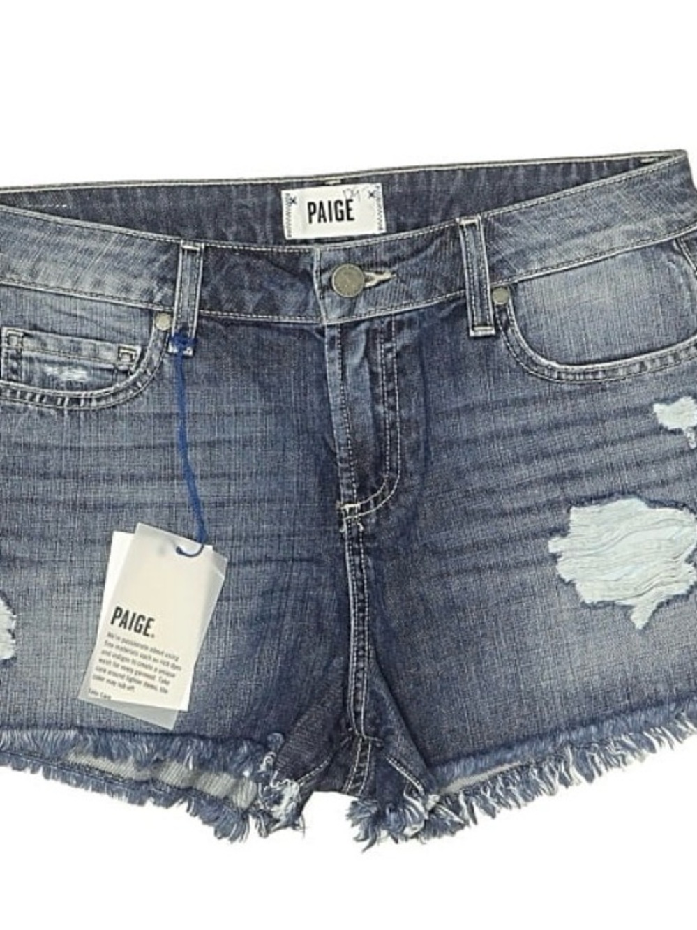 PAIGE Medium Blue Distressed Frayed-Hem Denim Shorts